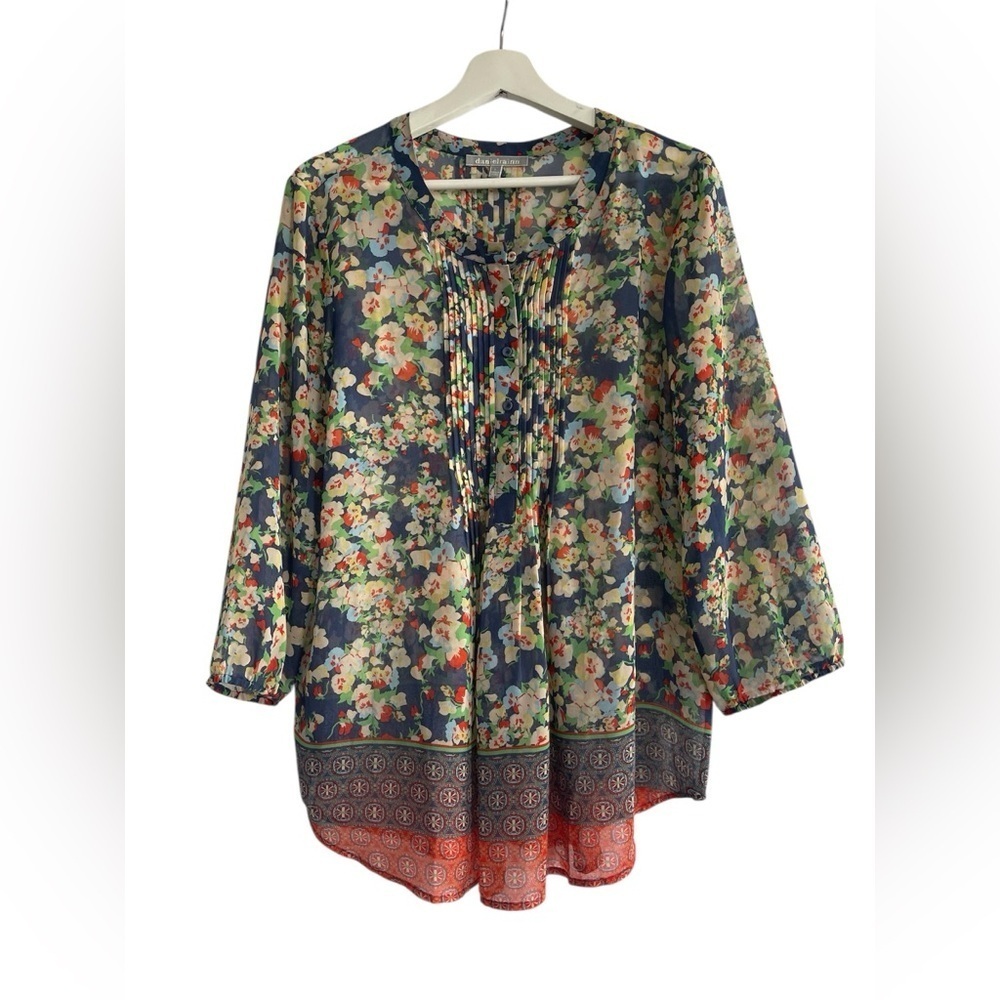 Daniel Rainn Blue Floral Boho 3/4 Sleeve Shirt Top Blouse Size Large